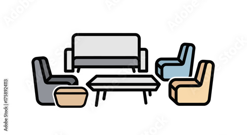 Living Room Furniture Set: Sofa Armchairs and Coffee Table Illustration.