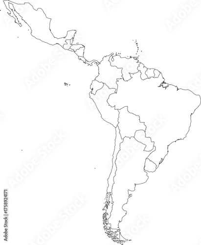 Latin America Solid Map Shape Outline With Country Lines
