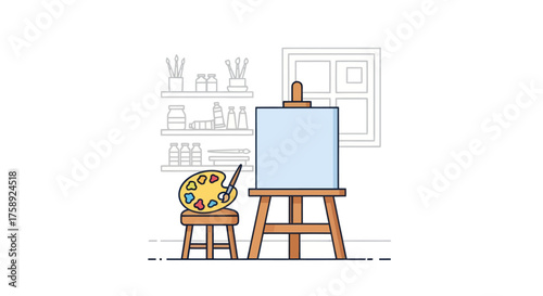 Artists Easel with Palette and Stool in a Studio Setting.