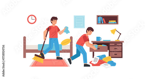 Two Men Cleaning a Room with Broom Cloth and Desk.