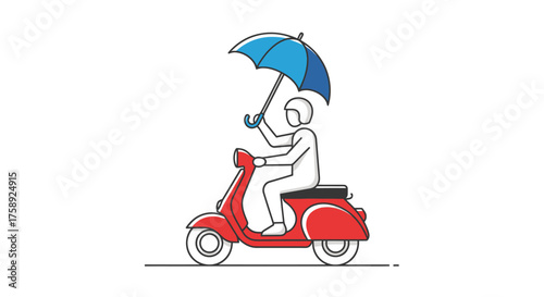 Cartoon Person Riding Red Scooter with Blue Umbrella.