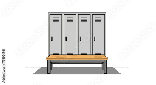 Four Gray Metal Lockers with a Wooden Bench in Front.