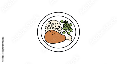 Cartoon Plate with Chicken Leg Rice and Peas Meal Illustration.