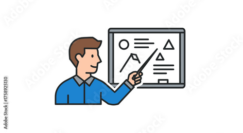 Cartoon Teacher Explaining Geometry on Whiteboard with Pointer.
