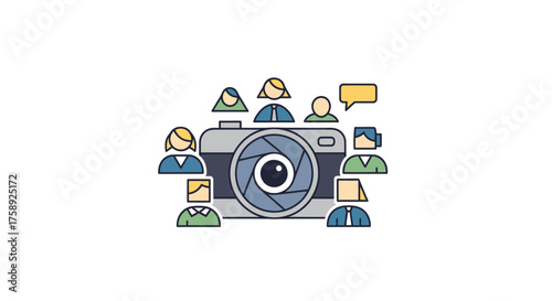 Flat Design Camera Surrounded by Diverse User Avatars and Speech Bubble.
