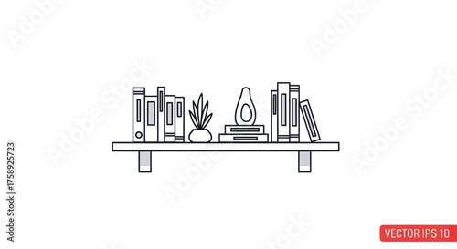 Minimalist Line Art Shelf with Books Potted Plant and Avocado Decor.
