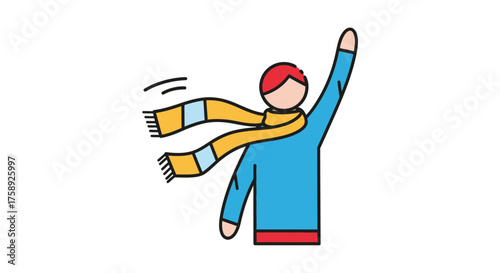 Person with a flowing scarf waving hello in the wind.