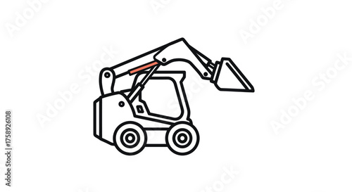 Line Art Illustration of a Compact Skid-Steer Loader with Raised Bucket.