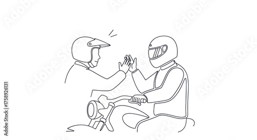 Two Motorcyclists High-Fiving in Line Art Illustration.