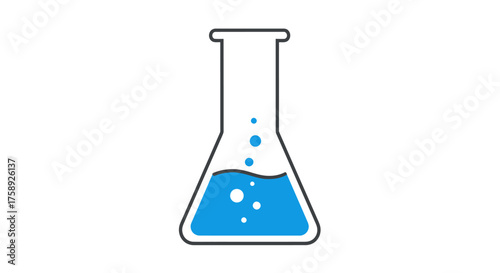 Cartoon Conical Flask with Blue Liquid and Bubbles Icon.