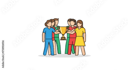 Group of People Celebrating Victory with Golden Trophy.
