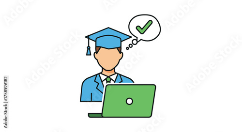 Graduate Student with Laptop and Checkmark Thought Bubble Icon.