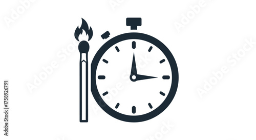 Lit Matchstick Beside a Classic Stopwatch Illustration.