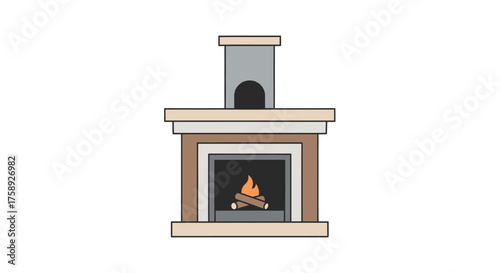 Modern fireplace with burning logs and chimney.