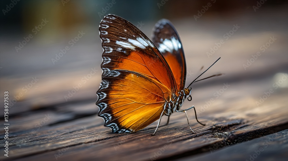Obraz premium A butterfly with striking orange wings rests on wood, captured with a shallow depth of field. The focus is drawn to the intricate details of the butterfly.