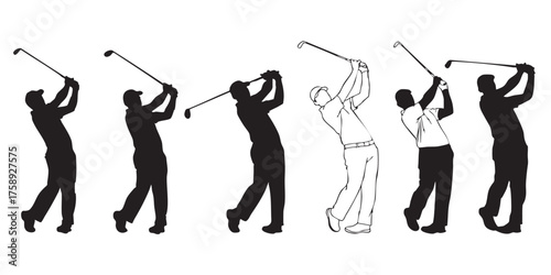 Set of golfer swinging club silhouettes vector
