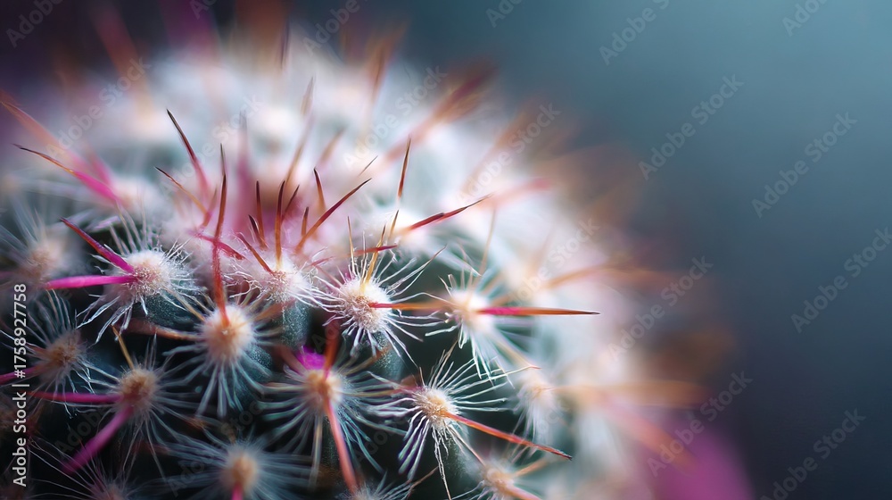 Obraz premium A close-up highlights the intricate details of a mammillaria cactus with a blurred background, emphasizing its texture and form. 