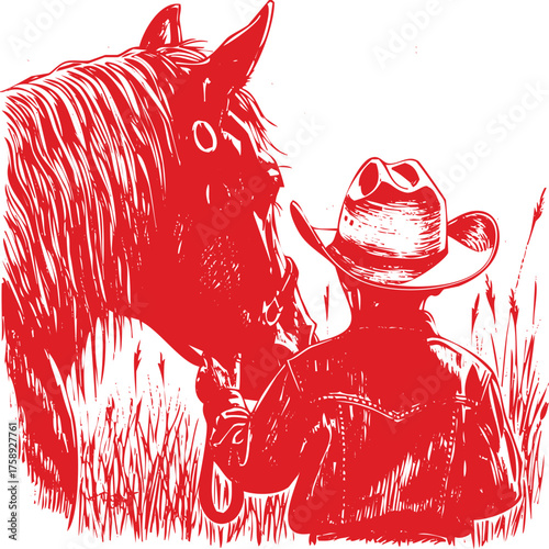 Cowboy and Horse in a Field of Tall Grass Red Illustration ranch western