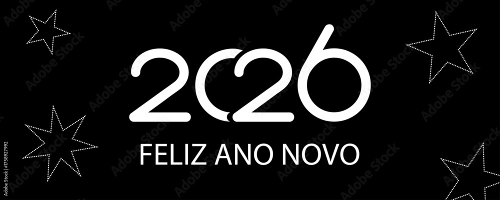 cartão ou banner para desejar um feliz ano novo 2026 em branco sobre fundo preto com estrelas brancas