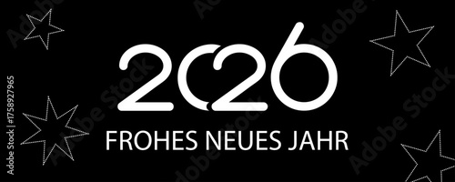 Karte oder Banner, um ein frohes neues Jahr 2026 in Weiß auf schwarzem Hintergrund mit weißen Sternen zu wünschen