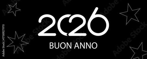biglietto o striscione per augurare un felice anno nuovo 2026 in bianco su sfondo nero con stelle bianche