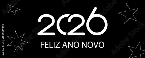cartão ou banner para desejar um feliz ano novo 2026 em branco sobre fundo preto com estrelas brancas