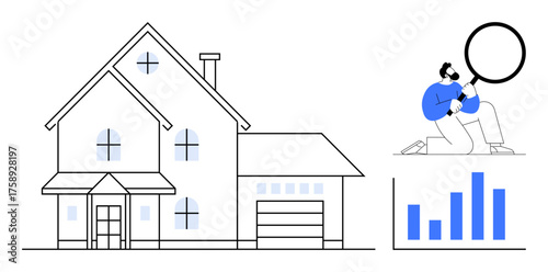 Large residential house, person with magnifying glass exploring details, bar chart representing statistics. Ideal for real estate, property evaluation, market trends, inspection, analytics, planning