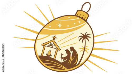 Golden Christmas ornament with nativity scene showing Mary, Joseph and baby Jesus under shining star and palm tree