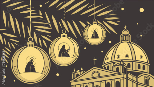 Christmas ornaments with nativity scenes hanging on pine branches near a church dome under starry night sky