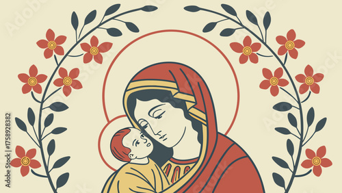Stylized icon of Virgin Mary gently holding baby Jesus with floral frame and sacred halos