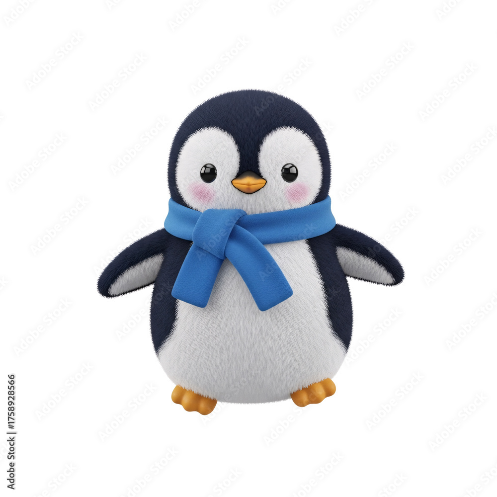 Fototapeta premium Cute fluffy penguin with blue scarf. 3D design element. Transparent background.