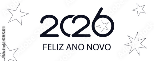 cartão ou banner para desejar um feliz ano novo 2026 em preto sobre fundo branco com estrelas pretas