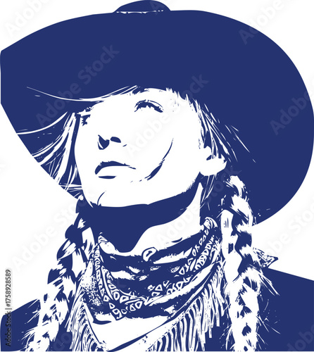 Stylized Blue Silhouette Portrait Of A Woman With Braids And Cowboy Hat Keywords: woman, female, portrait, cowboy hat, braids