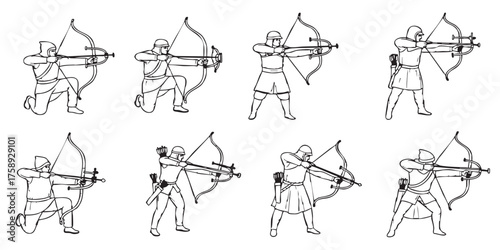Set of crossbow archer outline icons vector
