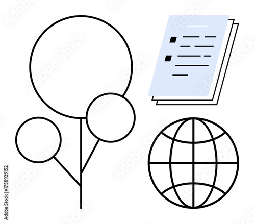 Tree with circular foliage, grid earth globe, and stack of documents. Ideal for environmental education, global issues, sustainability, learning, ecology, environmental policy simple flat metaphor