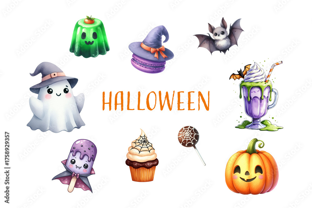 Fototapeta premium Colorful Halloween elements including ghosts, bats, and festive treats create a cheerful atmosphere perfect for a seasonal celebration or party.