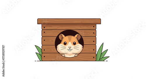 Cute hamster peeking out of its wooden house in the grass.