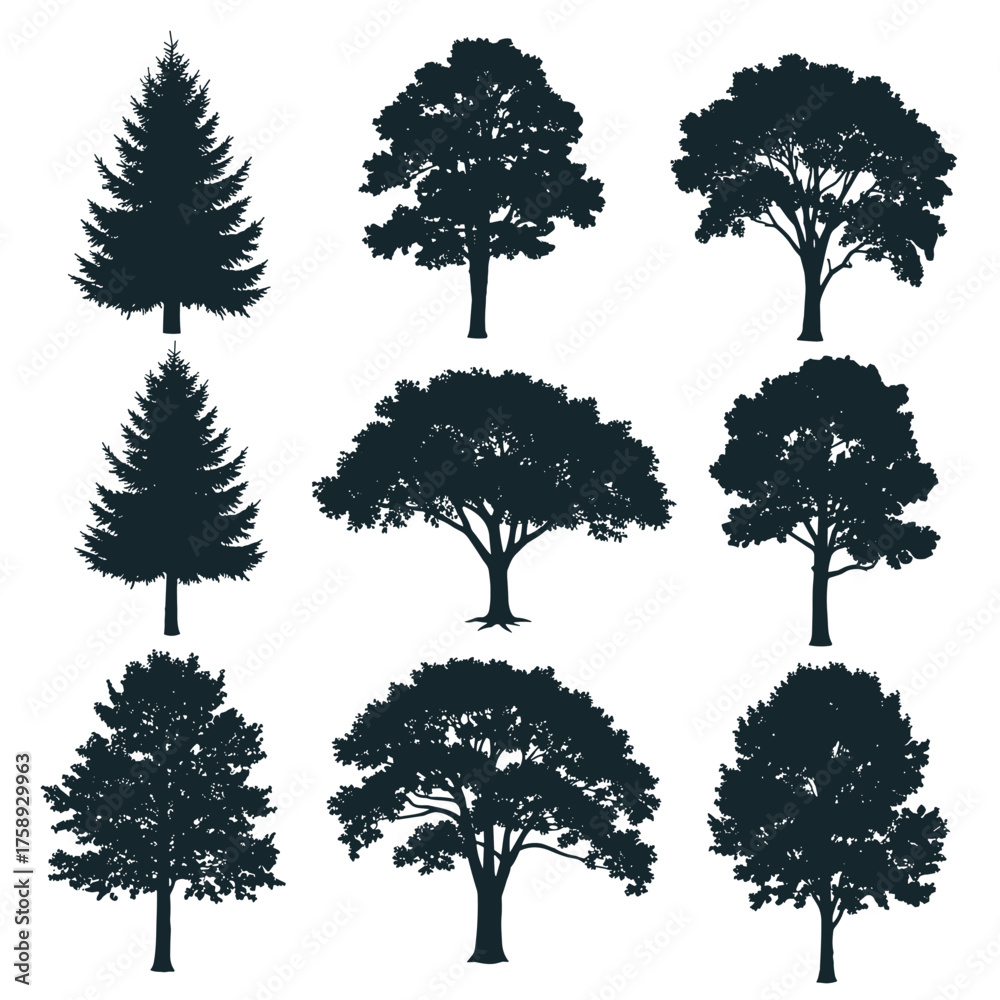 Fototapeta premium Diverse collection of tree silhouettes in various shapes and sizes.