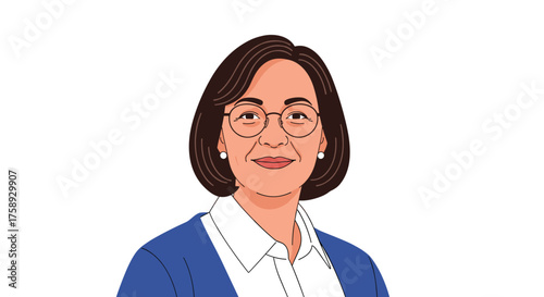 Illustration of an older woman with short brown hair and glasses wearing a blue cardigan and white shirt.