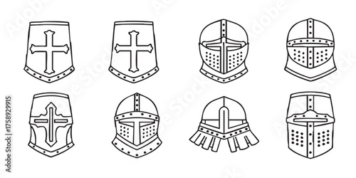 Set of medieval knight helmet outline icons vector
