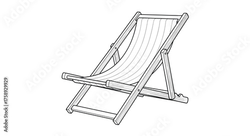 A simple wooden folding beach chair with a fabric seat.