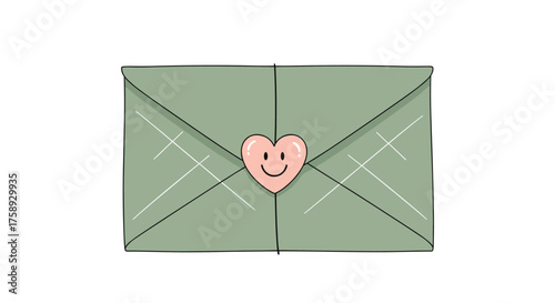 A cute pastel green envelope with a heart sticker on it.