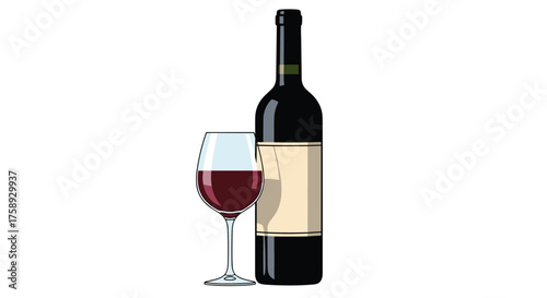 A bottle of red wine next to a glass of red wine.