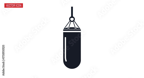 Black Punching Bag Illustration with Hanging Loop for Boxing and Fitness Training.