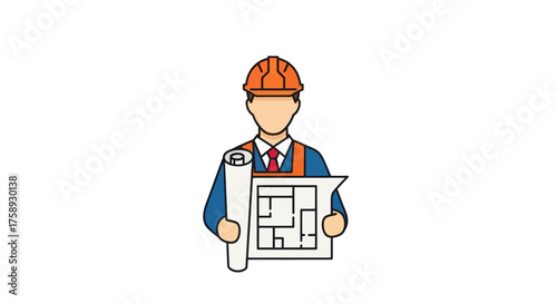 Cartoon Engineer Holding Blueprints and Construction Plans.