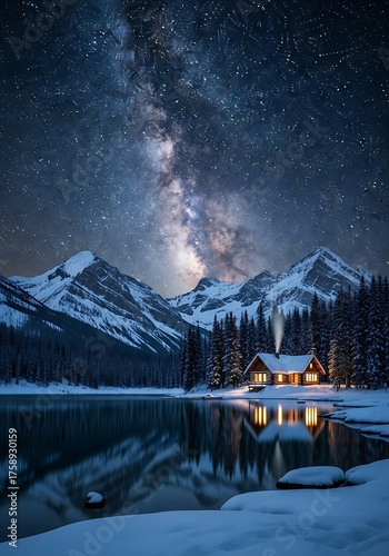 A serene cabin nestled by a snow-covered lake, bathed in the soft glow of its warm interior, reflects under a breathtaking night sky filled with the Milky Way.