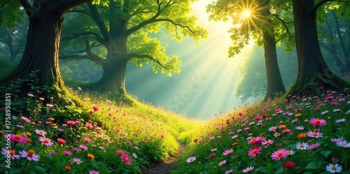 Fototapeta Naklejka Na Ścianę i Meble -  Sun-Dappled Wildflowers Carpet Lush Forest Floor A Breathtaking Spring Vista