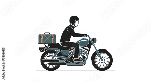 A stylized illustration of a person riding a classic motorcycle with a travel case on the back.