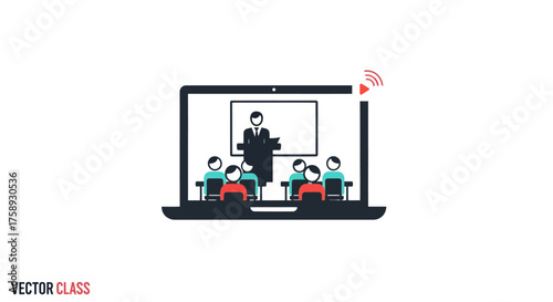 Online Class Illustration: Teacher and Students in a Virtual Classroom on a Laptop Screen.