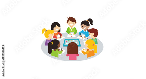 Diverse group of children sitting around a table in a meeting.